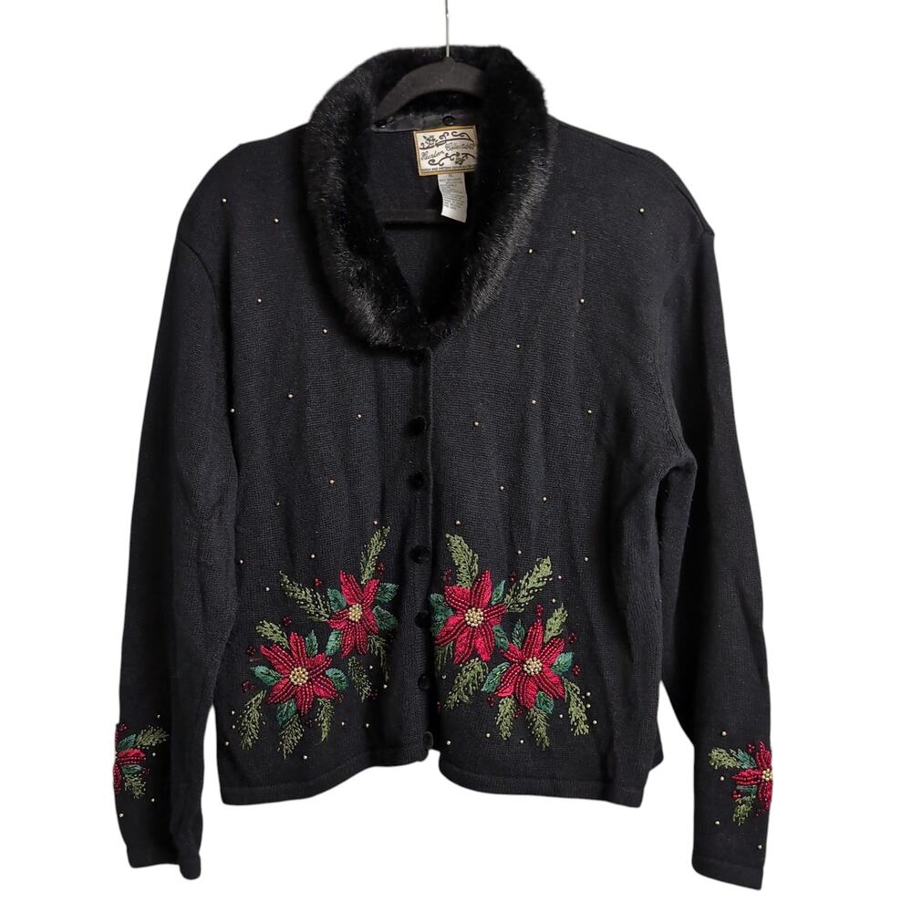 VTG Heirloom Collectibles Beaded Poinsettia Christmas Cardigan XL Faux Fur